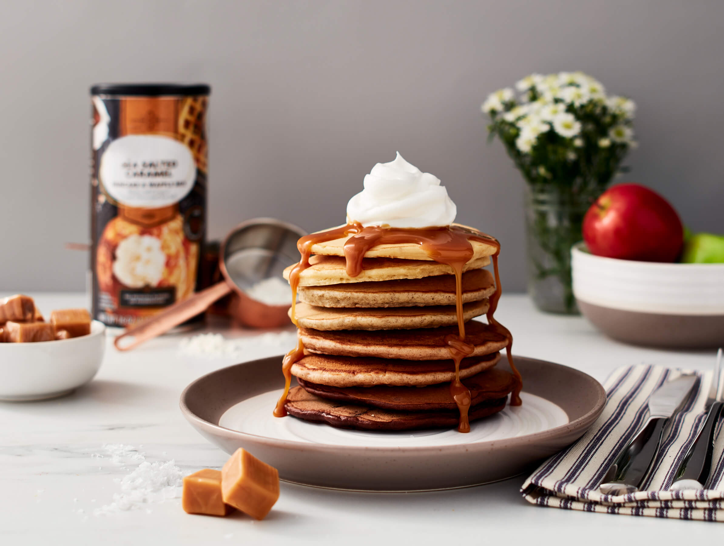 stack | pancakes | caramel syrup |  whipped cream | breakfast  